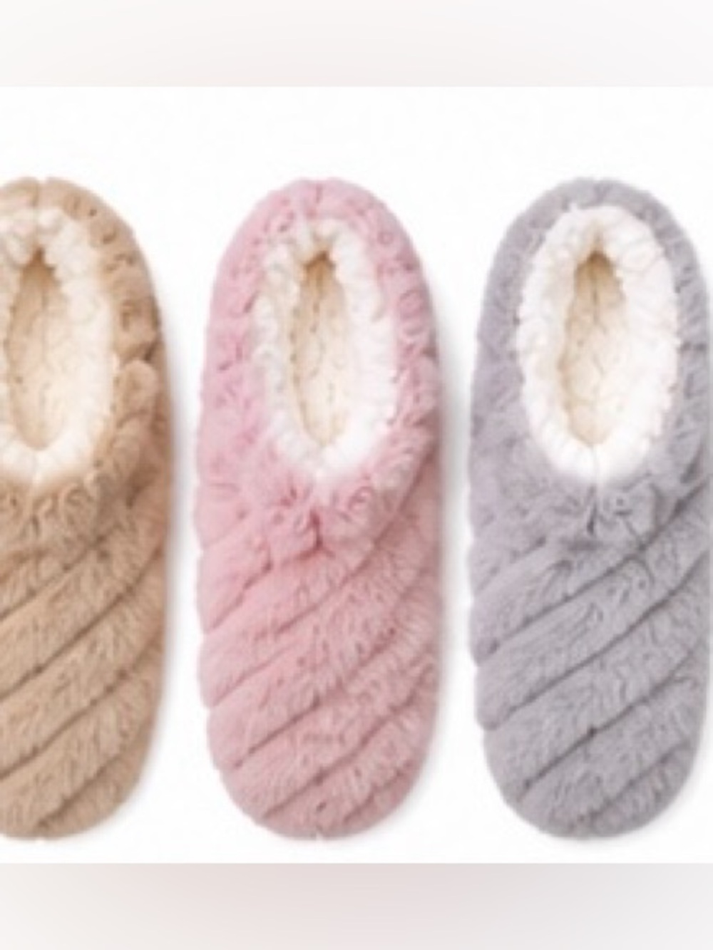 Set of three Auden Plush Faux Fur Slip-On Slippers in Pink, Gray & Cream